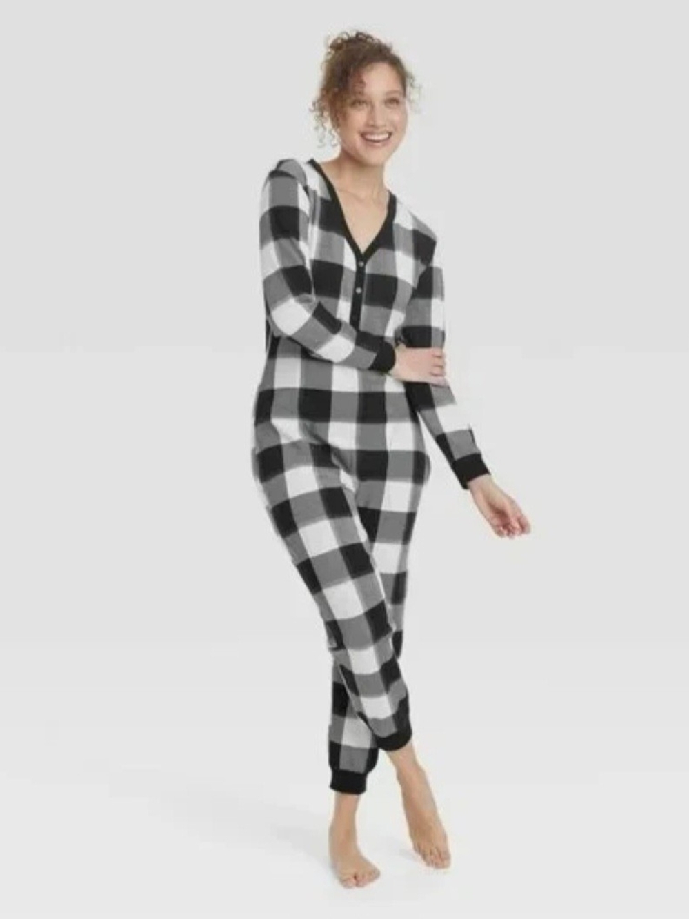 STARS ABOVE Black White Button Front Buffalo Plaid One-Piece Pajama Union Suit
